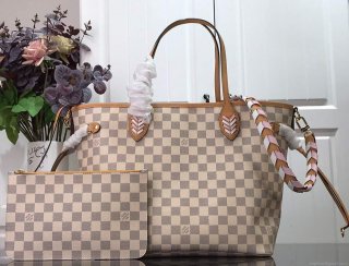 LV N50047 Louis Vuitton Neverfull MM Damier Azur Canvas Bag Pink