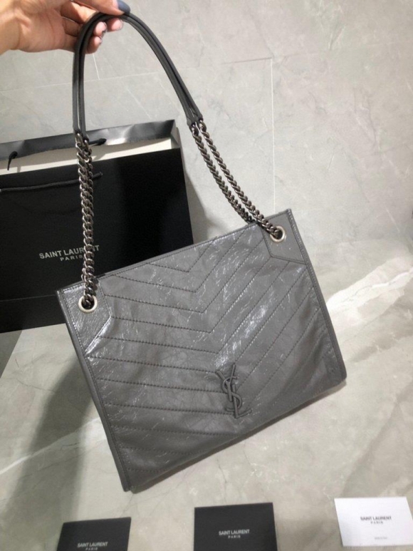 YSL 577999 Saint Laurent YSL Niki Medium Shopping Bag In Crinkled Vintage Leather Gray