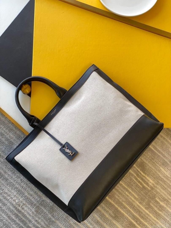 YSL 619757 Tag Canvas And Leather Shopping Bag Black