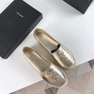 Yves Saint Laurent Logo Leather Espadrilles in Metalized Lambskin 30121 Gold