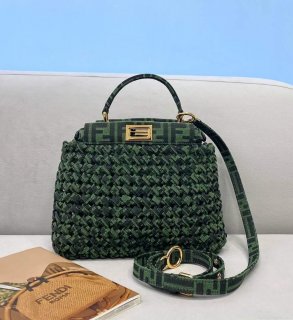 Fendi 8BN244 Peekaboo Iconic Mini Jacquard Fabric Interlace Bag 2126AS Green