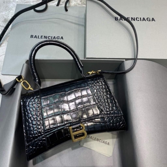 Balenciaga 593546 Hourglass Small Top Handle Crocodile Bag Black Gold