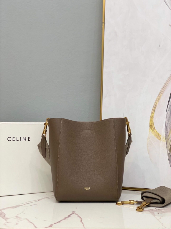 Celine 178303 Sangle Small Bucket Bag in Soft Grained Calfskin Brown