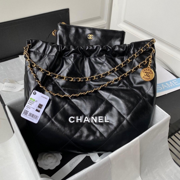 Chanel 22 Handbag AS3261 Shiny Calfskin Gold-Tone Metal Black Logo White
