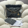 Chanel 22 Handbag Gold-Tone Metal Canvas AS3260 Gray and White