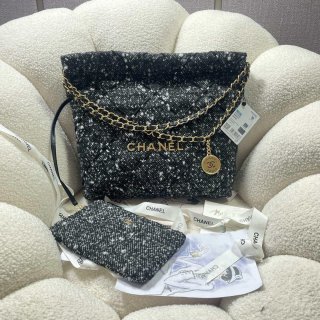 Chanel 22 Handbag Gold-Tone Metal Canvas AS3260 Gray and White
