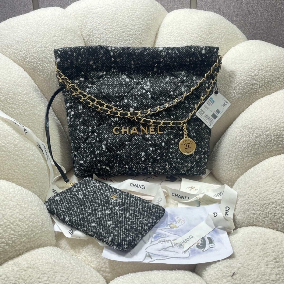 Chanel 22 Handbag Gold-Tone Metal Canvas AS3260 Gray and White