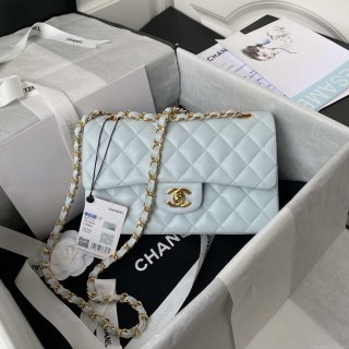 Chanel A01113 Flap Handbag Classic Bag Lambskin Light Blue Gold