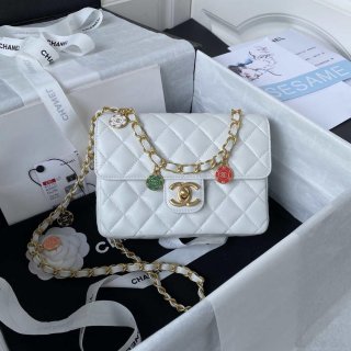 Chanel AS3737 Mini Flap Bag Lambskin Enamel & Gold-Tone Metal White