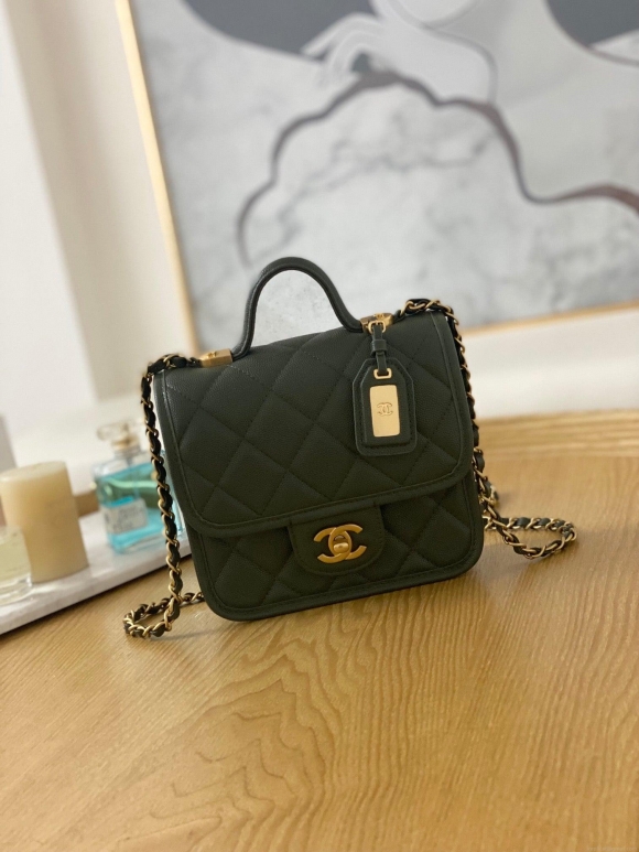 Chanel AS3652 Small Flap Bag with Top Handle Calfskin & Gold-Tone Metal Dark Green