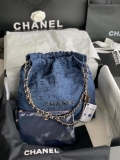Chanel 22 Handbag Gold-Tone Metal Canvas AS3260 Blue denim