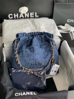 Chanel 22 Handbag Gold-Tone Metal Canvas AS3260 Blue denim