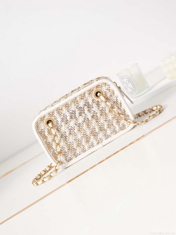 Chanel AS3768 Small Camera Case Lambskin Viscose Weaving White Gold & Beige