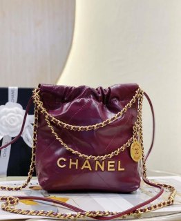 Chanel 22 Mini Handbag AS3980 Shiny Calfskin & Gold-Tone Metal Purple Red