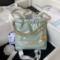 Chanel 22 Mini Handbag AS3980 Shiny Calfskin & Gold-Tone Metal Green Gray