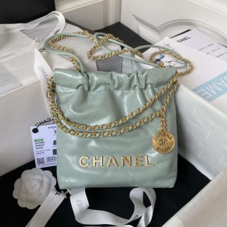 Chanel 22 Mini Handbag AS3980 Shiny Calfskin & Gold-Tone Metal Green Gray