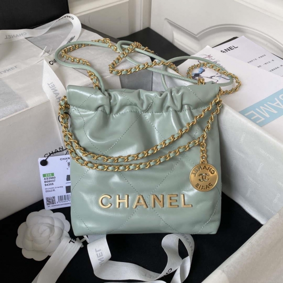 Chanel 22 Mini Handbag AS3980 Shiny Calfskin & Gold-Tone Metal Green Gray