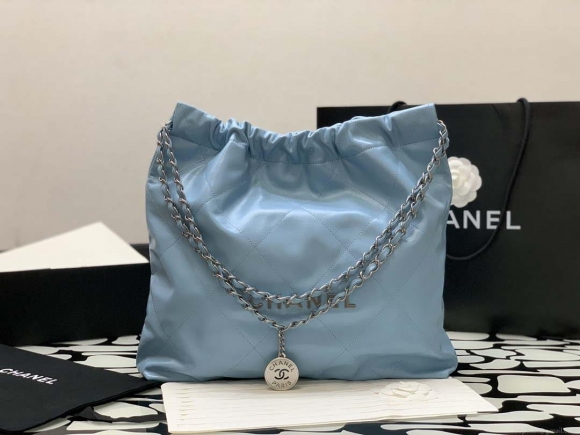 Chanel 22 Handbag Shiny Calfskin Gold AS3261 Light Blue Silver