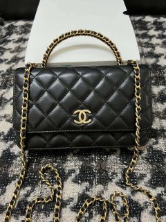 Chanel A68113 Woc Wallet on Chain With Handle Black Shiny Crumpled Calfskin