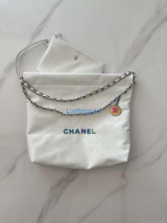 Chanel 22 AS3260 Small Handbag Shiny Calfskin White Symphony Hardware