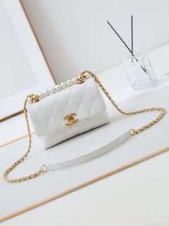 Chanel AS5001 Mini Flap Bag with top Handle Shiny Lambskin Imitation Pearls & Gold-Tone Metal White