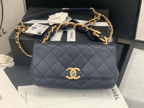 Chanel AS2388 Chanel Flap Bag Shiny Lambskin Gold Navy Blue