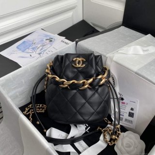 Chanel AS2390 Shiny Lambskin Small Drawstring Bucket Bag Black