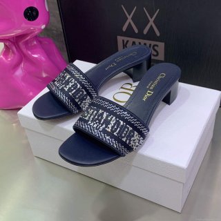 Dior Women’s Shoes Dway Heeled Slide Metallic Thread Strass KCQ244LCS Navy blue