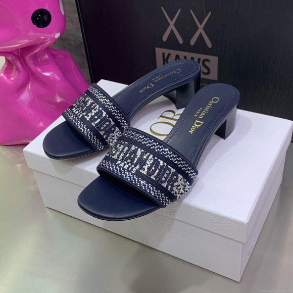 Dior Women’s Shoes Dway Heeled Slide Metallic Thread Strass KCQ244LCS Navy blue