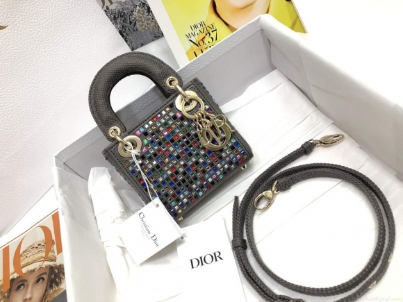 Dior S0856 Micro Lady Dior Bag Square Embroidery Set with Gray Multicolor Strass
