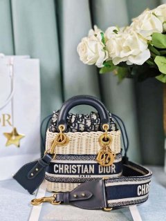 Dior M0505 MINI Lady Dior Bag Natural Wicker Blue Dior Oblique Jacquard