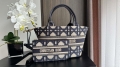 Dior M1328 Hat Basket Bag White and Blue with Gold-Tone Macrocannage Embroidery