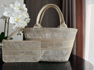 Dior M1328 Hat Basket Bag Beige D-Lace Butterfly Embroidery with Macramé Effec