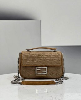 Fendi 8BR793 Midi Baguette Chain FF Fabric Bag Beige