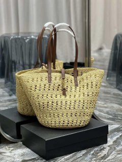 Saint Laurent 688221 YSL Panier Maxi Bag In Raffia Apricot