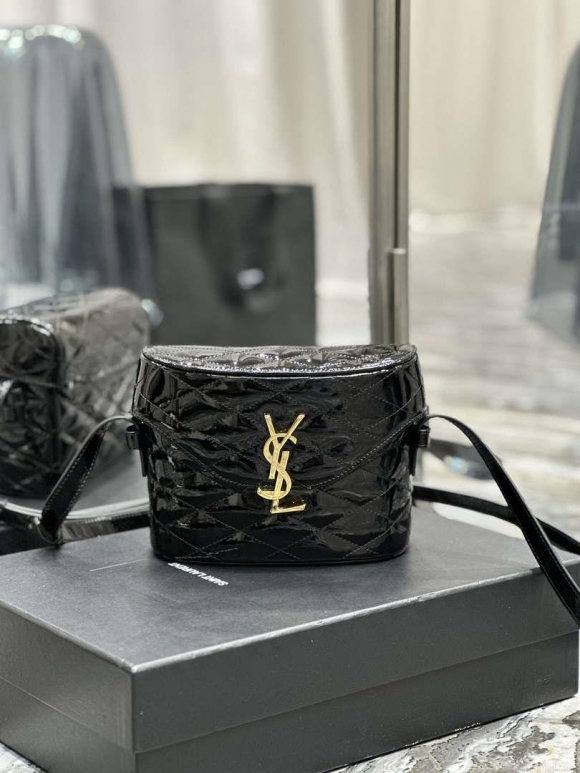 YSL 710080 June Box Bag In Quilted Patent Leather Black with Gold