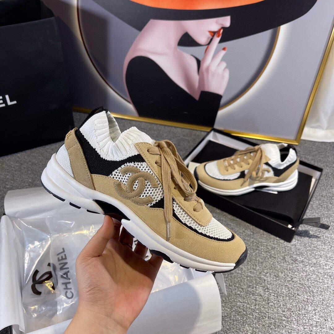 Chanel Men Women’s Sneaker Shoes G38750 Tan and White Calfskin