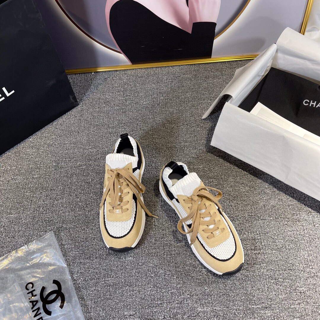 Chanel Men Women’s Sneaker Shoes G38750 Tan and White Calfskin