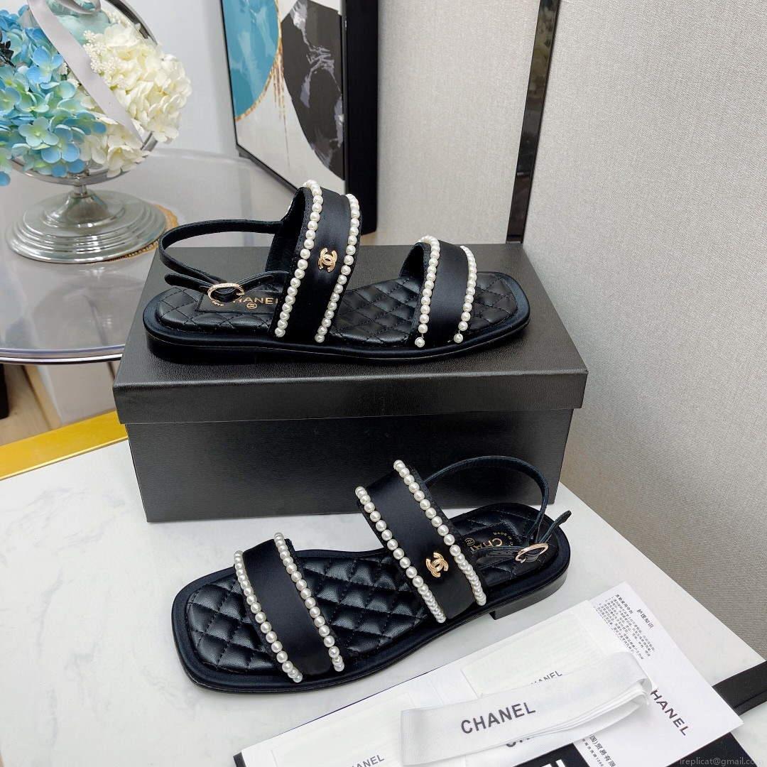 Chanel Women’s Sandals G38423 Satin Imitation Pearls C90246 Black