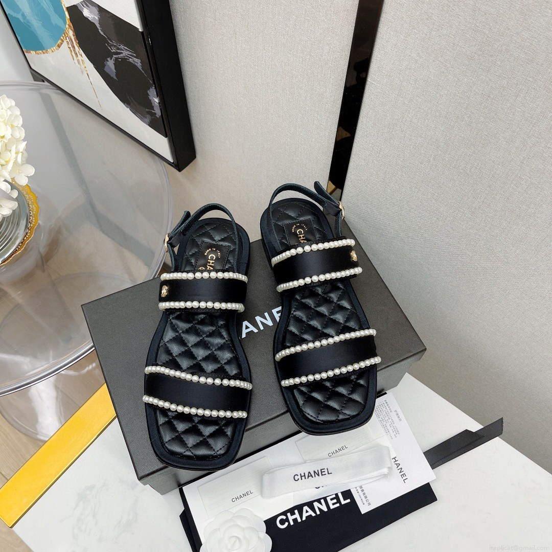 Chanel Women’s Sandals G38423 Satin Imitation Pearls C90246 Black
