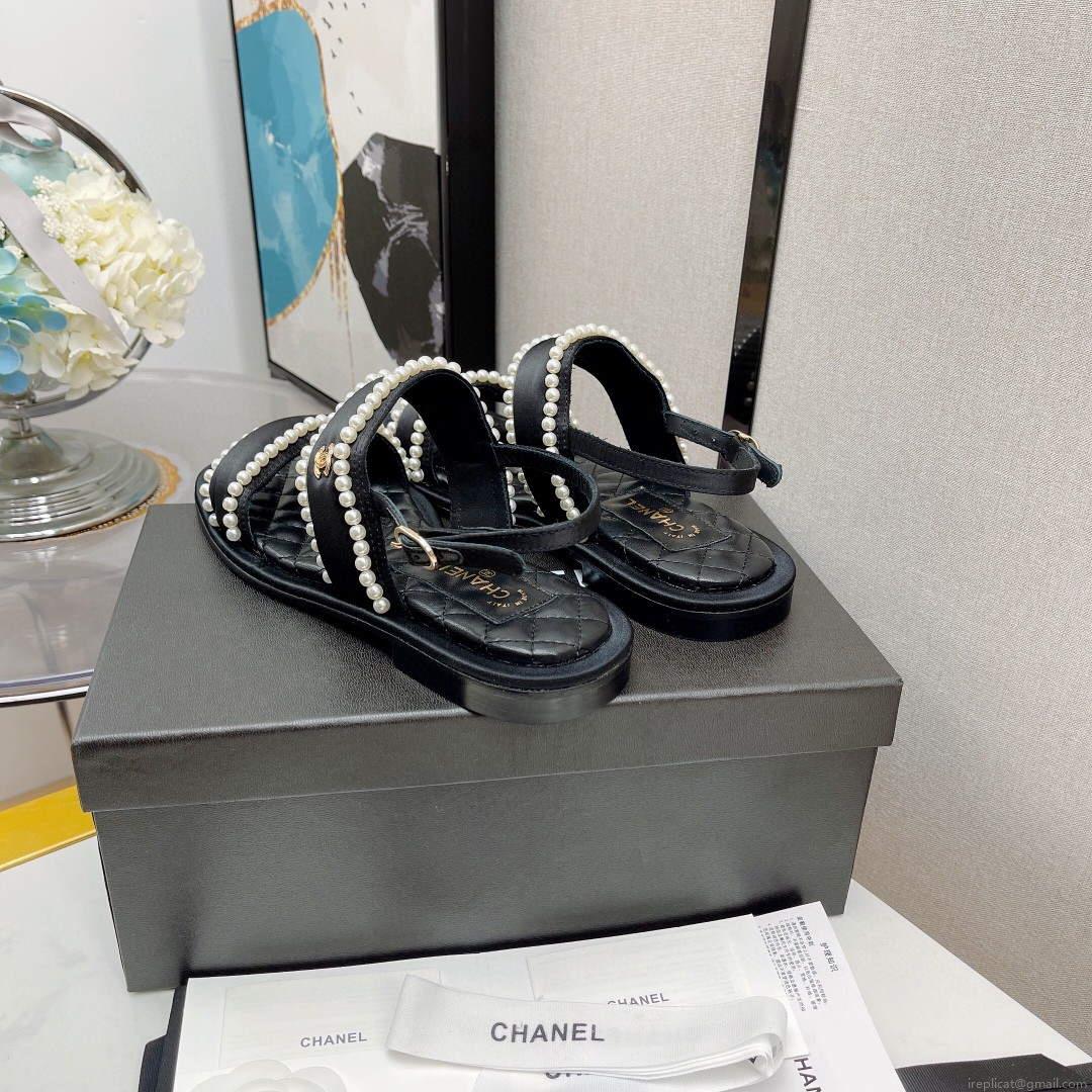 Chanel Women’s Sandals G38423 Satin Imitation Pearls C90246 Black