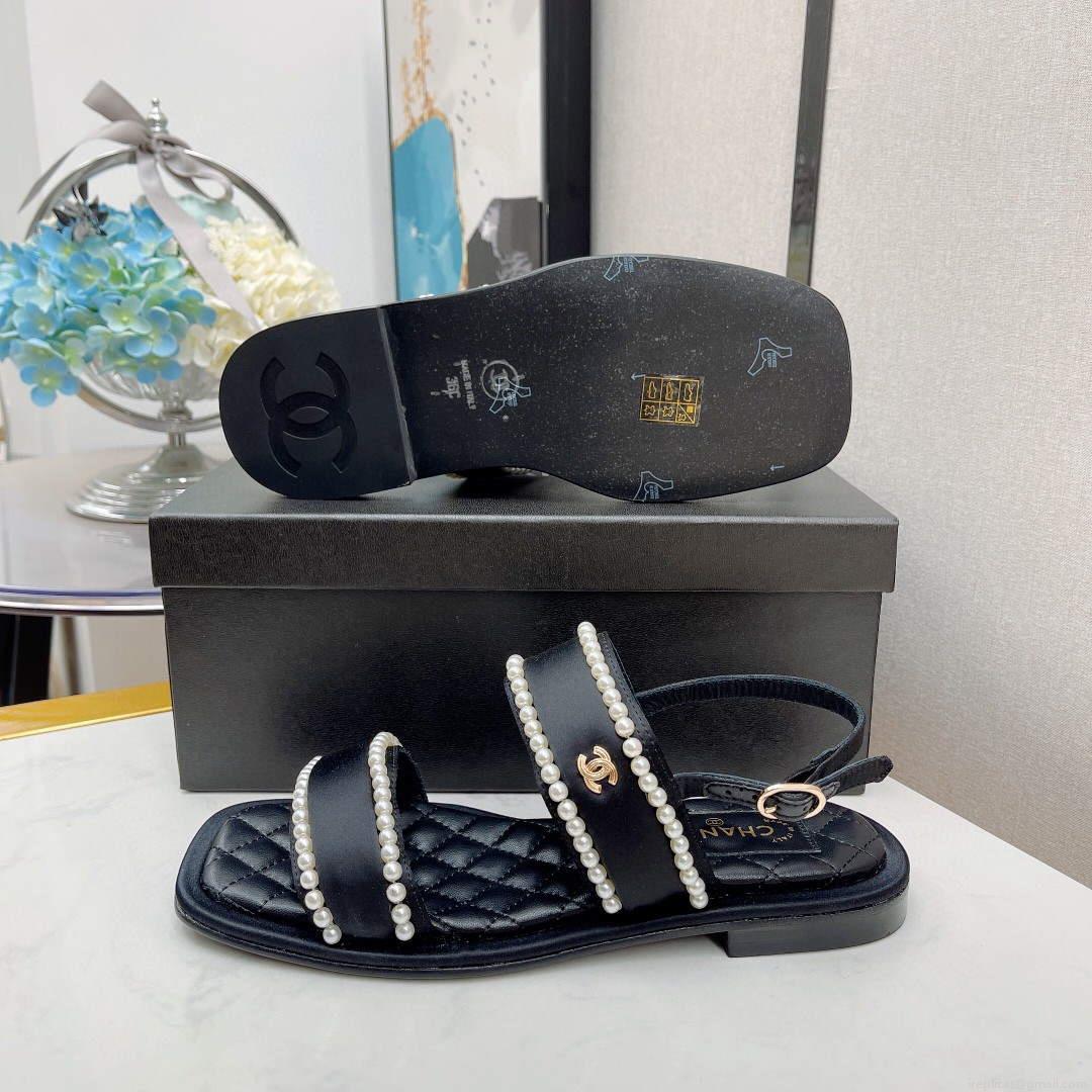 Chanel Women’s Sandals G38423 Satin Imitation Pearls C90246 Black