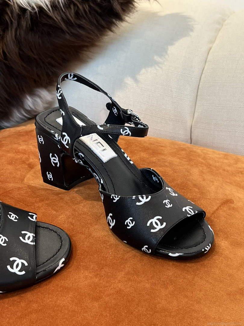 Chanel Women’s Sandals G38969 Printed Lambskin Black White C90241