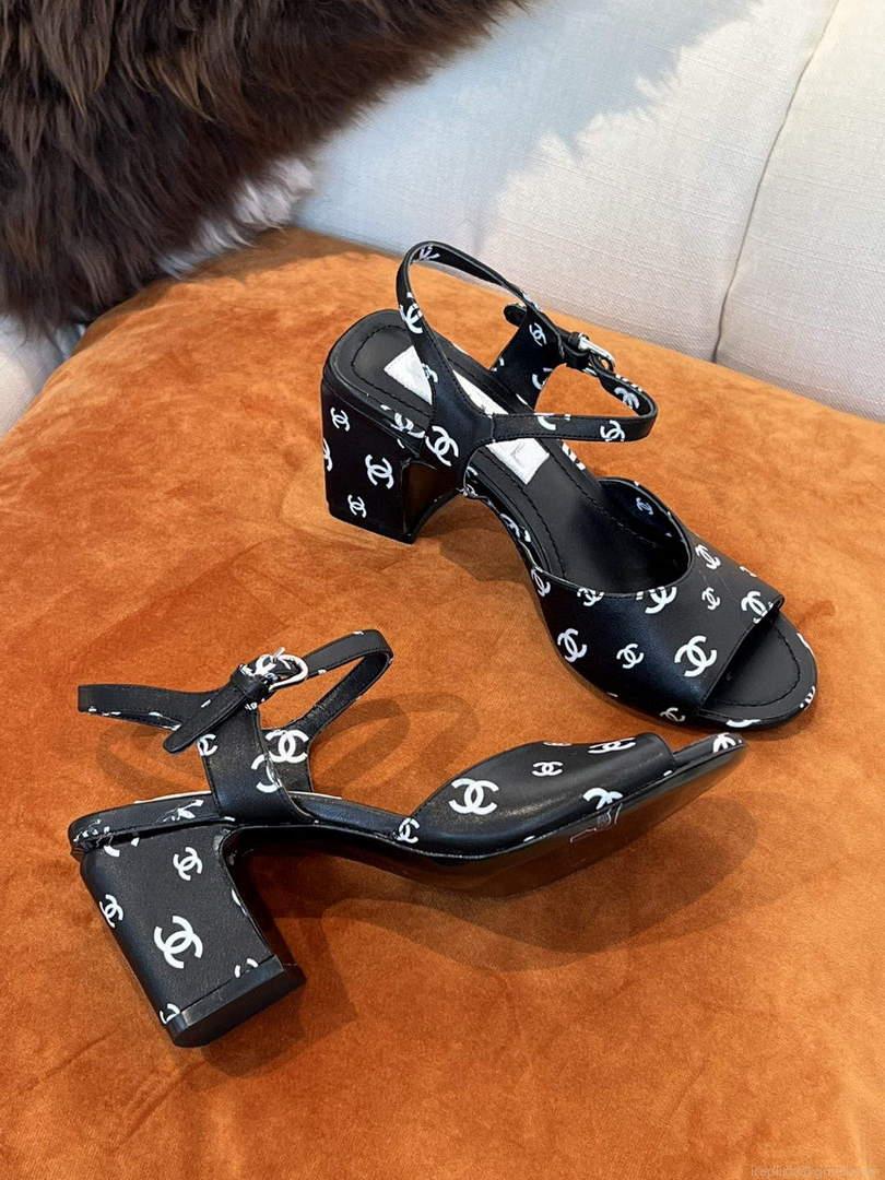 Chanel Women’s Sandals G38969 Printed Lambskin Black White C90241