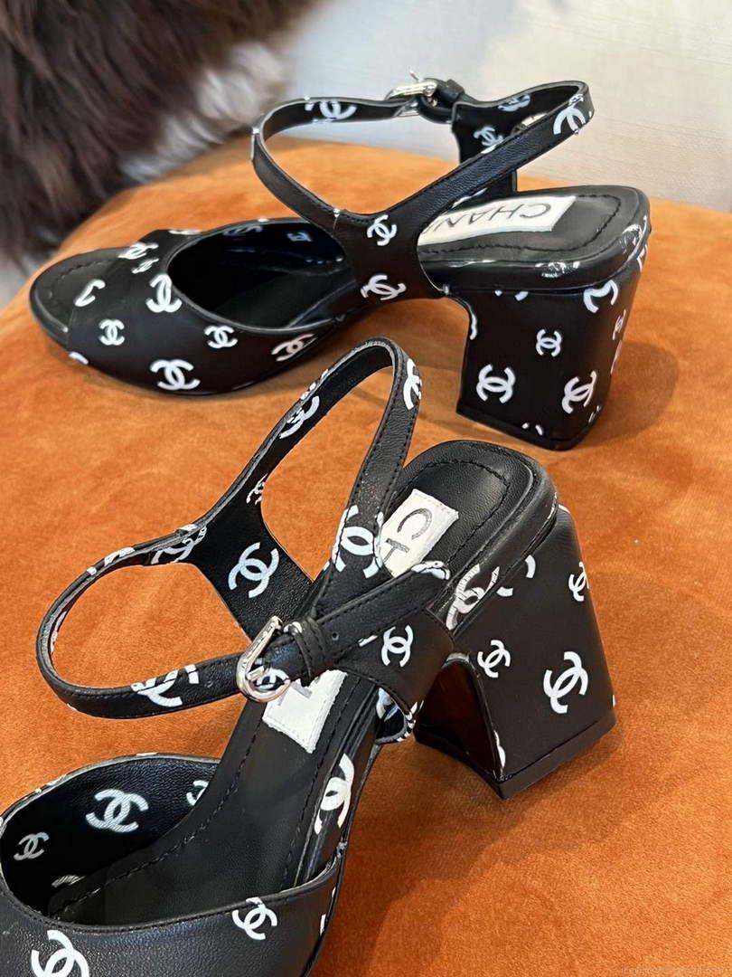 Chanel Women’s Sandals G38969 Printed Lambskin Black White C90241