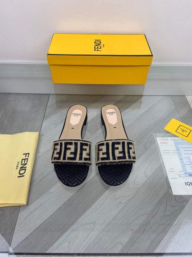 Fendi 8R8092 FF Interlace Leather Slides Flats Shoes Apricot