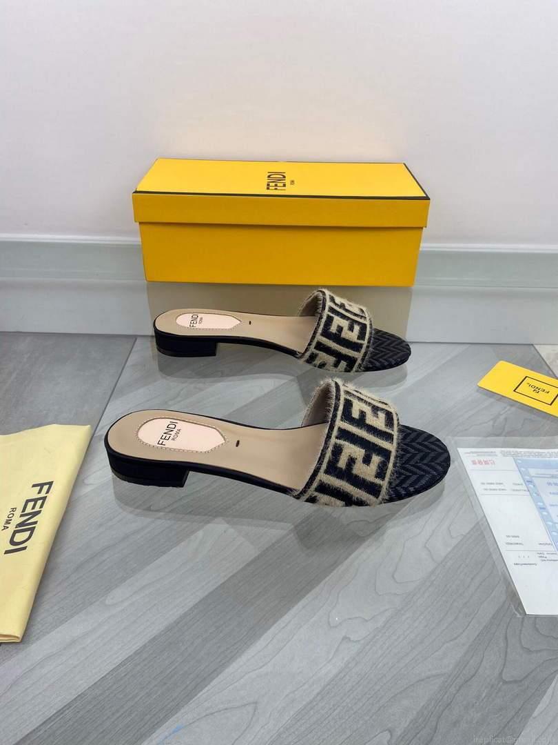 Fendi 8R8092 FF Interlace Leather Slides Flats Shoes Apricot