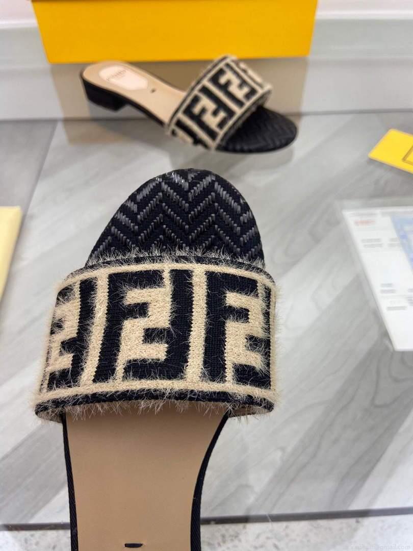 Fendi 8R8092 FF Interlace Leather Slides Flats Shoes Apricot