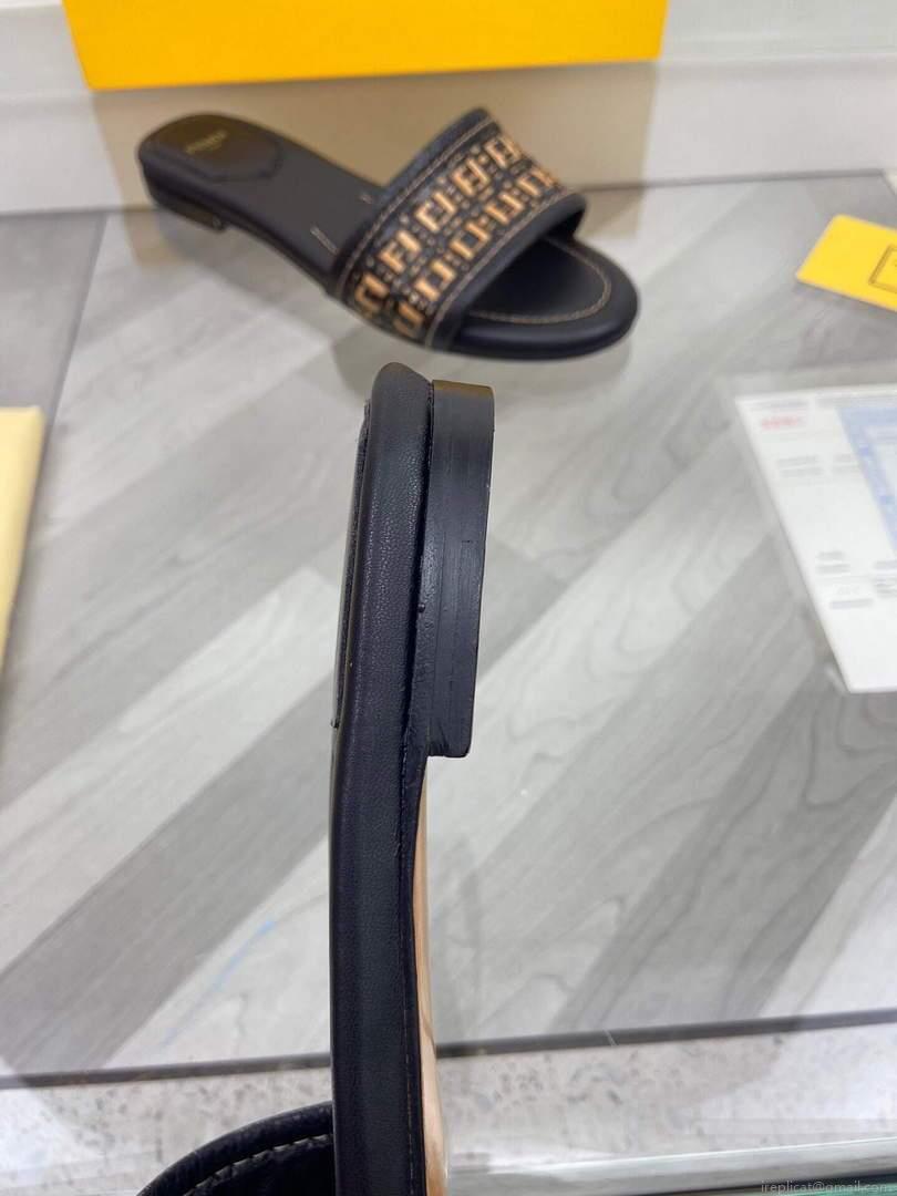 Fendi 8R8092 FF Interlace Leather Slides Flats Shoes Black