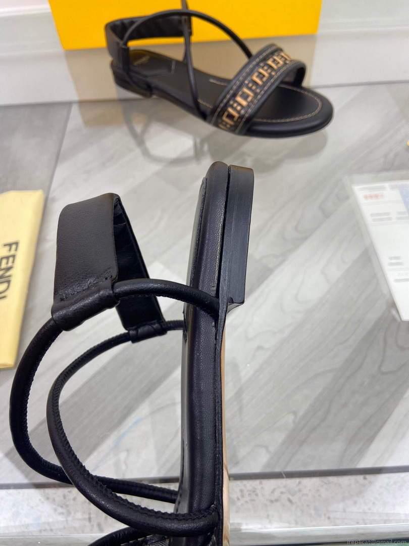 Fendi 8X8094 FF Interlace Leather Sandals Flats Shoes Black